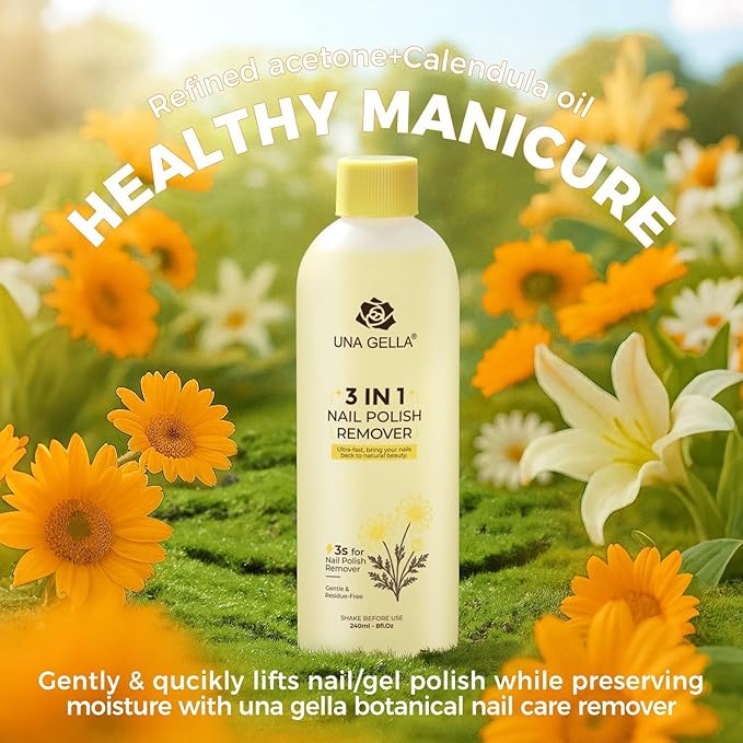 UNA GELLA Acetone Nail Polish Remover, Soak Off Gel Nails Polish Remover With Easy Use Cap, Healthy Formula Works For Nail Glue 8 Fl Oz, Calendula Scent