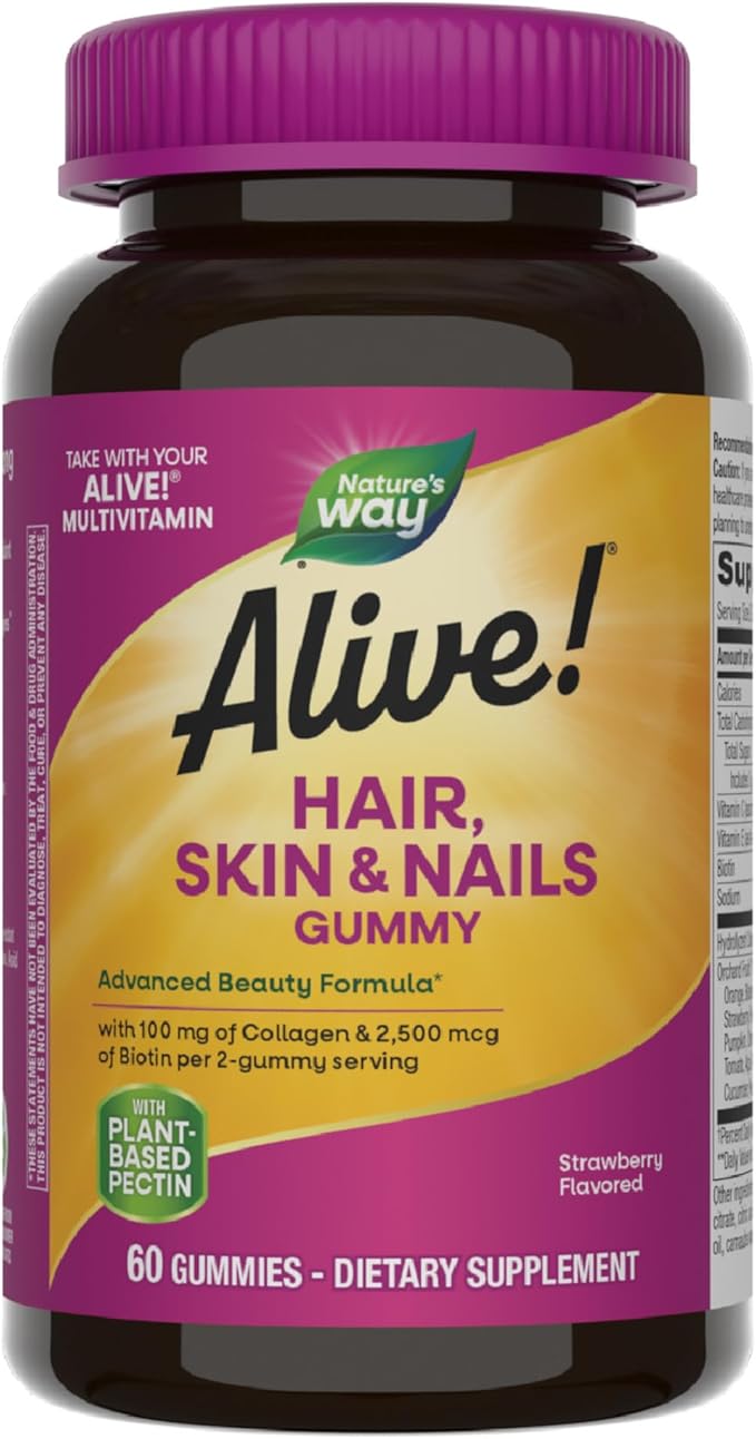 Nature's Way Alive Hair Skin & Nails Biotin and Collagen Gummies, Advanced Beauty Formula*, Strawberry Flavor, 60 Count