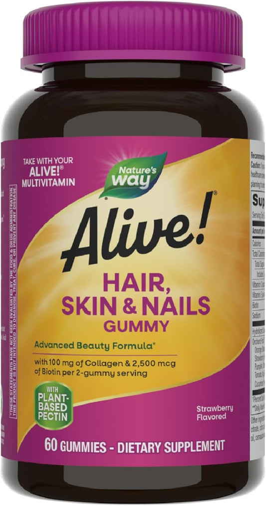 Nature's Way Alive Hair Skin & Nails Biotin and Collagen Gummies, Advanced Beauty Formula*, Strawberry Flavor, 60 Count