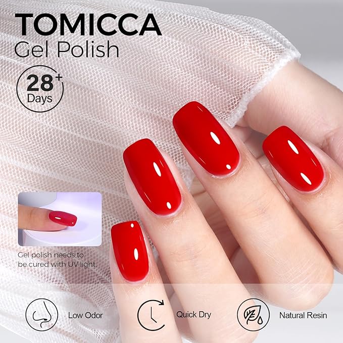 TOMICCA Ruby Red Gel Polish 1Pcs Red Gel Nail Polish Pure Color Long Lasting Soak Off UV LED Cure Needed Nail Art Manicure Salon DIY at Home Present for Women