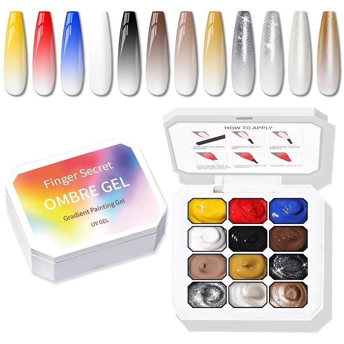 Metallic Gel Polish Set, Glitter Golid Silver Brown Blue Red, 12 Colors Ombre Patting Gel Nail Polish Palette,100 Sponges 6 Brushes 1 Grabber, Painting Art No Wipe UV/LED Cured (Palette F)