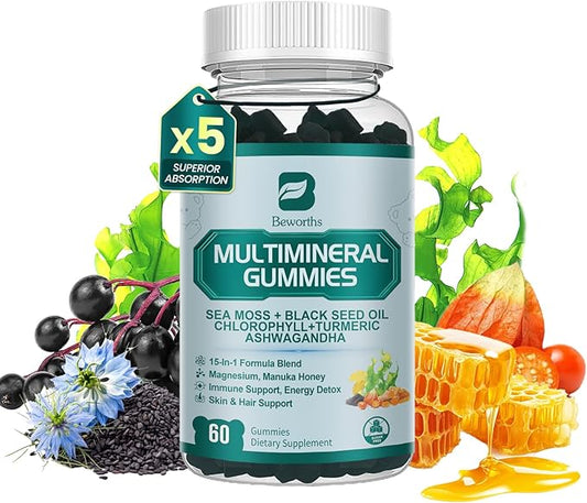 Sea Moss Gummies | Black Seed Oil Ashwagandha Chlorophyll Gummy | with Turmeric, Magnesium Elderberry, Manuka Honey Bladderwrack, Burdock Root - Irish Sea Moss Gummy for Immune, Gut Support