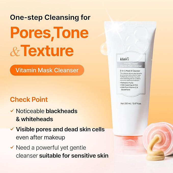 DearKlairs Freshly Juiced Vitamin Clay Mask Cleanser, Deep Pore Wash, Clear Radiant Skin, Glutathione, Tangerine peel powder, PHA, Niacinamide (5.07 fl.oz (Pack of 1))