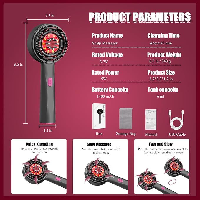 Red Hair Massager, Scalp Massager, Multi-Function Electric Scalp Massage Comb for Hair, Cordless Waterproof Oil Diffuser Massage Comb (Black)