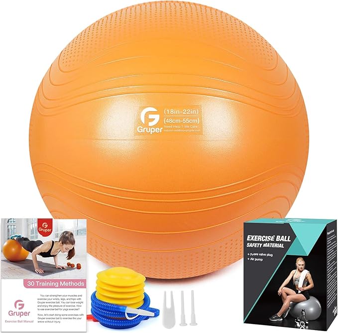 Gruper Yoga Ball, 18-30 Inch Extra Thick Exercise Ball for Workout Fitness Balance, Anti Burst Chair for Home and Office Desk, Includes Hand Pump & Workout Guide Access