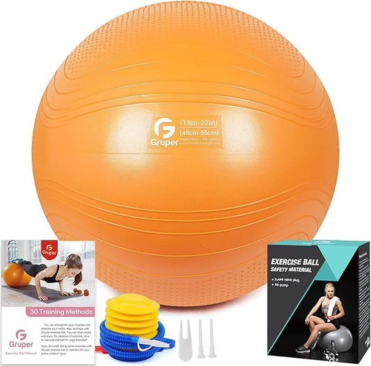 Gruper Yoga Ball, 18-30 Inch Extra Thick Exercise Ball for Workout Fitness Balance, Anti Burst Chair for Home and Office Desk, Includes Hand Pump & Workout Guide Access