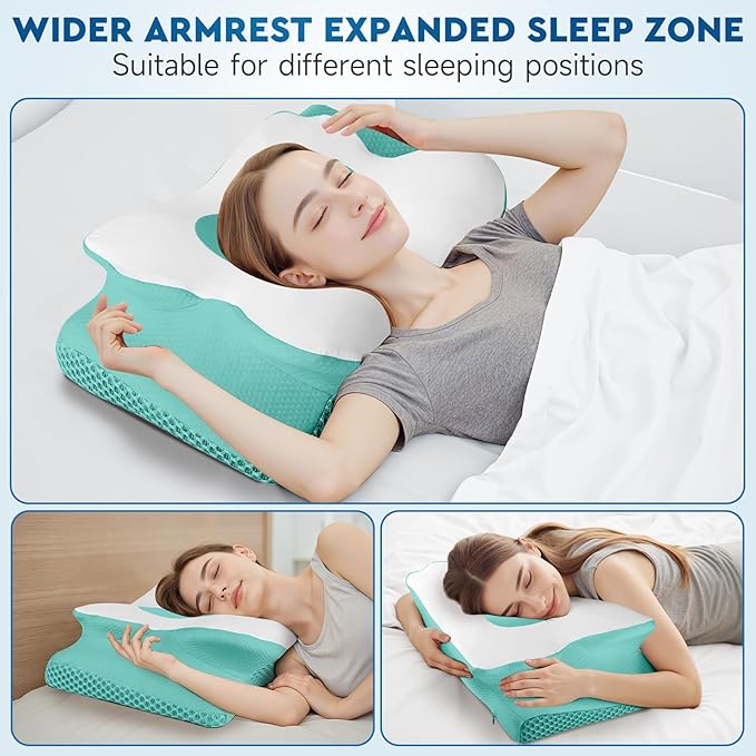 Cervical Neck Pillow, Memory Foam Neck Support Pillows for Sleeping, Shoulder Pillow for Side Sleepers, Back Stomach Sleepers, CertiPUR-US Certified, Standard Size, Green