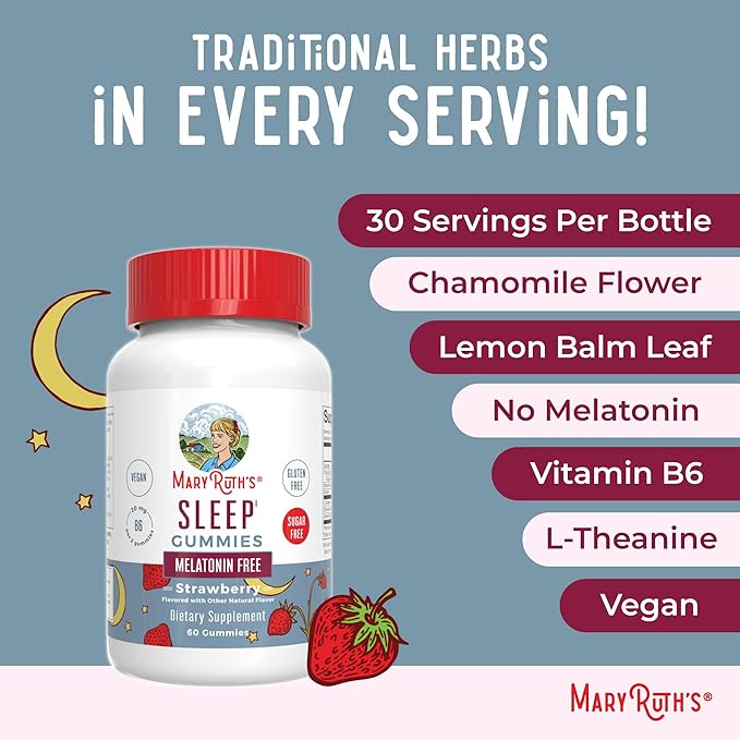 MaryRuth Organics Sleep Gummies | Sugar Free | NO Melatonin | L Theanine | Lemon Balm Leaf | Chamomile | Vitamin B6 | Relaxation & Sleep Support | Stress Relief | Vegan | Gluten Free | 60 Count