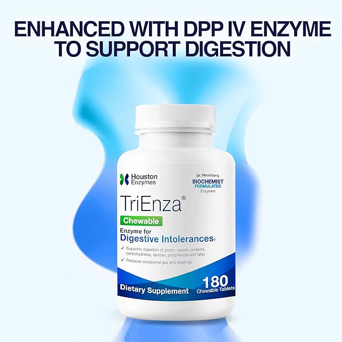 Houston Enzymes TriEnza - Digestive Enzyme Supplement for Gluten, Casein, Soy, Proteins, Carbohydrates, Fats & Polyphenols - Digestive Enzymes for Women & Men (180 Chewable Tablets)