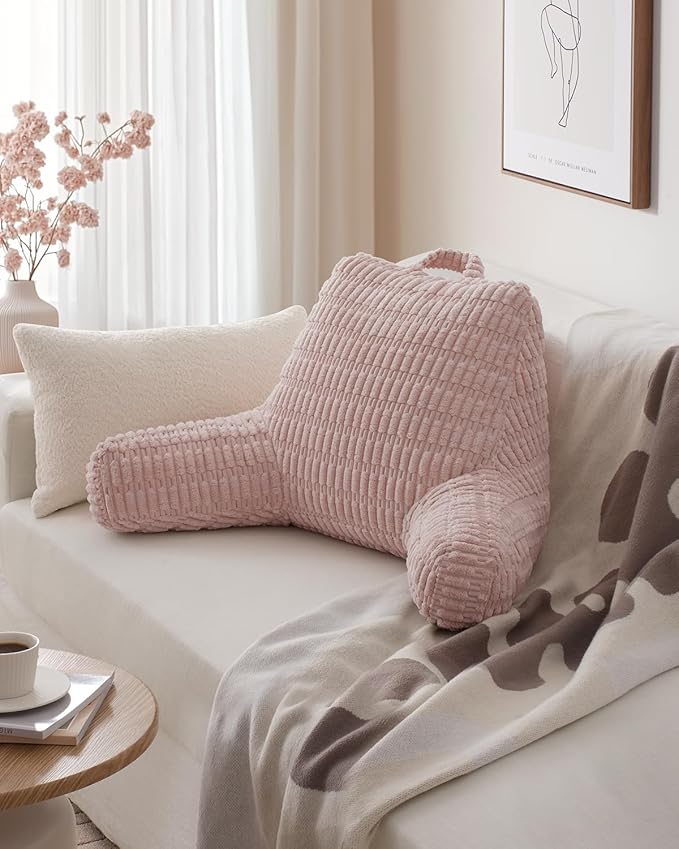 Blissful Diary Reading Pillow, Backrest Pillow with Shredded Memory Foam for Adult & Children, Designed for Bed and Couch Sitting Up, Includes Arms, Pockets and Washable Cover, Pale Pink