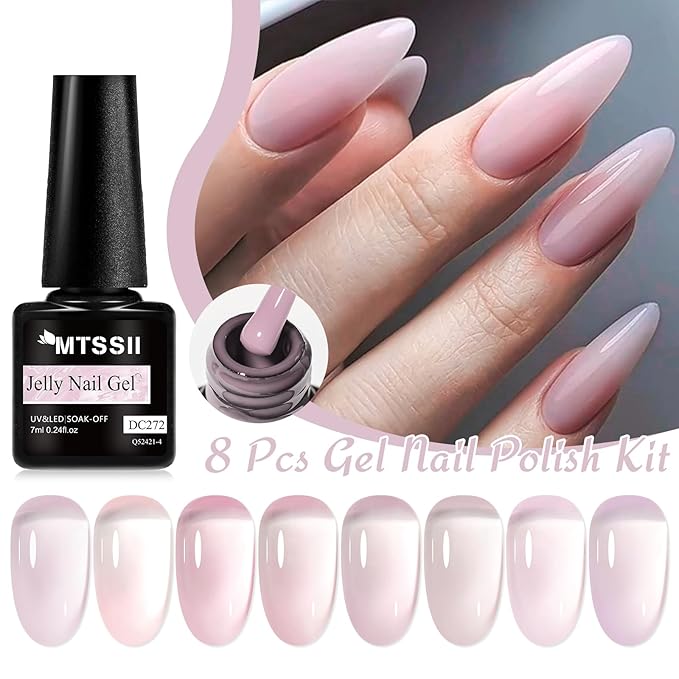 MTSSII Sheer Gel Nail Polish Set Jelly UV Gel 8 Colors Translucent Milky White Pink Nude Purple Colors Nail Polish For All Seasons Neutral Soak off LED Lamp Gel Manicure Kit for Nail Art
