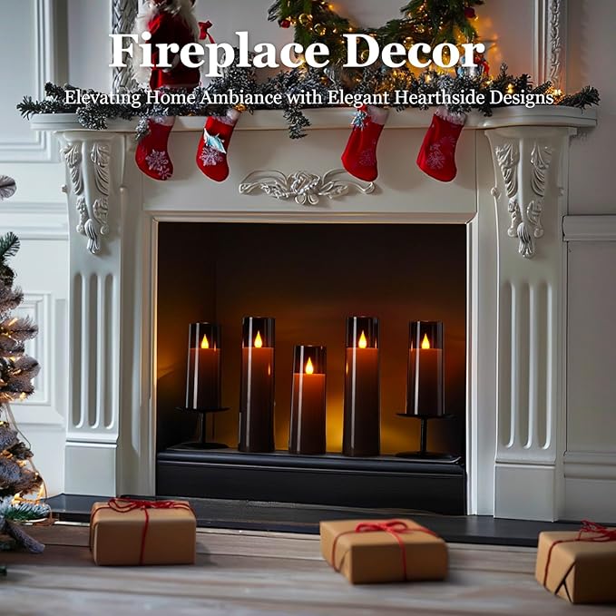 Amagic Grey Flameless Candles with Remote, Flickering Battery Operated Candles with Timer, Acrylic LED Fake Candle for Halloween Home Decor, 3D Wick, D2.2 xH5 5" 6" 7" 8", Set of 5