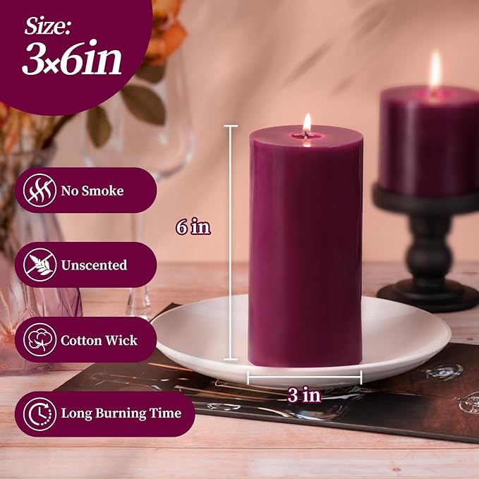 KONNI Purple Pillar Candles Set of 3, 3"x 6" Unscented Pillar Candles Bulk, 56 Hours Long Burning Candles, Smokeless&Dripless Large Round Candle for Wedding, Home Decoration, Parties, Spas, Dinner