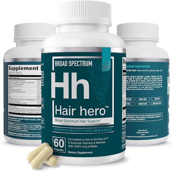 Essential Elements Hair Hero - Hair Supplement for Women and Men - Powerful Hair Vitamin Formula for Hair Growth & Thickness - Healthy Hair, Skin, and Nails Product - 5000 mcg Biotin, 30 Day Supply