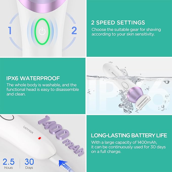 VOYOR Electric Razors for Women 4 in 1 Bikini Trimmer, Foil Shaver for Women 4 Replacement Heads for Body, Pubic Hair Trimmer, Cleansing, Massage 2 Adjustable Speeds Rechargeable Shaver ES501 (Purple)