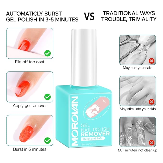Morovan Gel Nail Polish Remover Kit: Gel Polish Remover with Liquid Latex Tape Nail Strengthener Nail Tools Quick Remove Gel Nail Polish in 3-5 Minutes No Need to Warp & Soak