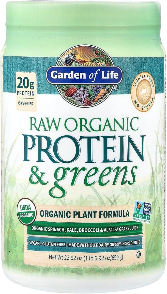 Garden of Life Raw Organic Protein & Greens Lightly Sweet, Vegan Protein Powder for Women and Men, Plant Protein, Pea Protein, Greens & Probiotics, Dairy Free, Gluten Free Low Carb Shake, 20 Servings
