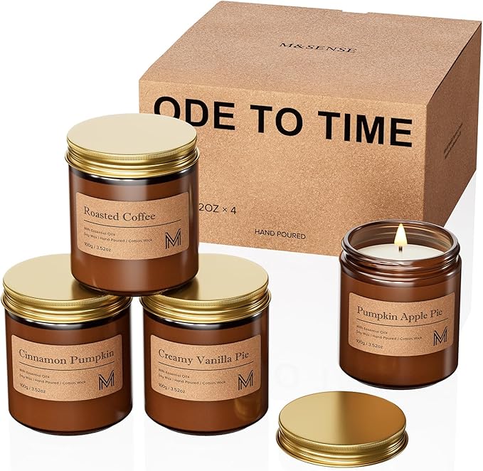 M&SENSE 4 Pack Candles for Home Scented Fall Candle Gift Set for Women Soy Wax Long Lasting Amber Jar Candles Gift for Halloween Thanksgiving Day