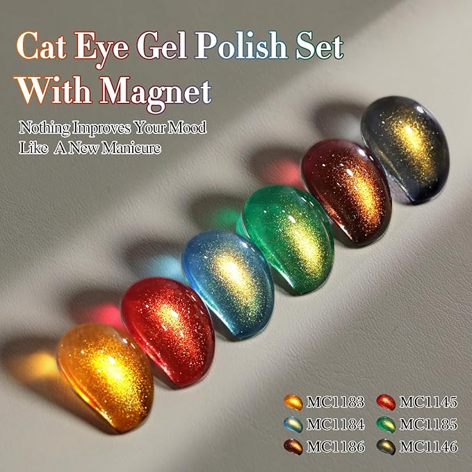 Double Rhythm Cat Eye Gel Nail Polish Set of 6 Same Color Same Bottle 0.5 Oz Shimmer Glitter with Magnet Holographic Reflective Magnetic UV Polish Kit (Golden Black Brown Red Blue Green-T6-33)