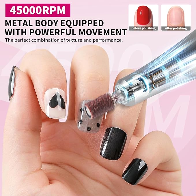 LIMEGIRL Professional Electric Nail Drill Kit 45000RPM Portable Cordless Toenail Cordless Toenail Machine with 14 Drill Bits and Base for Women(Rose Red)