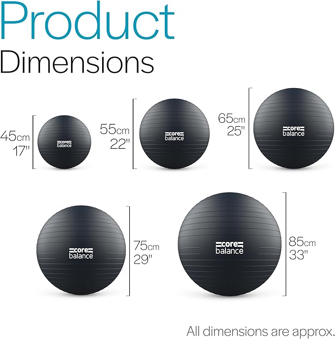 Core Balance Exercise Ball for Workouts, Anti-Burst and Slip Resistant, Swiss Yoga Ball for Pregnancy, Stability, Fitness and Physical Therapy, 4 Sizes, with Pump