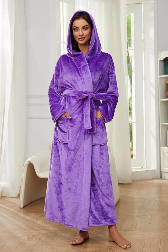 HEARTNICE Womens Long Hooded Robe, Soft Warm Fleece Bathrobes Full Length Plush House Coat