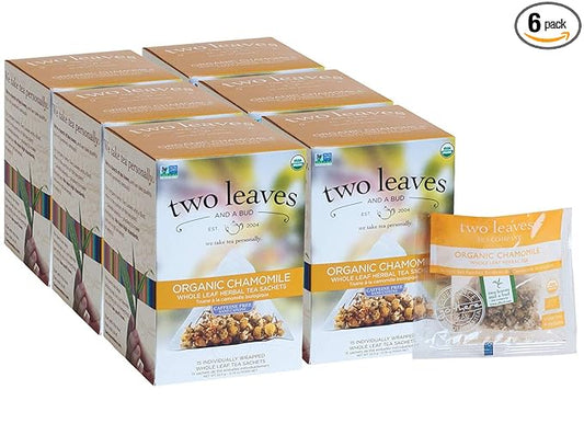 Two Leaves and a Bud Organic Chamomile Tea Bags, Naturally Caffeine Free, Whole Leaf Herbal Chamomile Tea in Compostable Sachets, 15 Count (Pack of 6)
