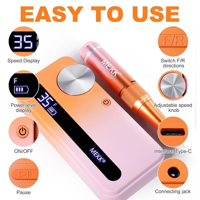 MEKK Nail Drill Kit,35000RPM Electric Nail Drill Professional Electric Nail File with 12PCS Bits,Anti-Shaking Cordless E Filer for Nails,Home & Salon(Orange-Pink)