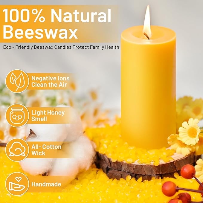 6 Pack Natural Beeswax Pillar Candles, 210 Hours Long Burning, 100% Pure Bees Wax Candles, Organic Emergency Beeswax Candles Bulk for Home Room Prayer Parties Relax, Smokeless & Dripless 2x4in