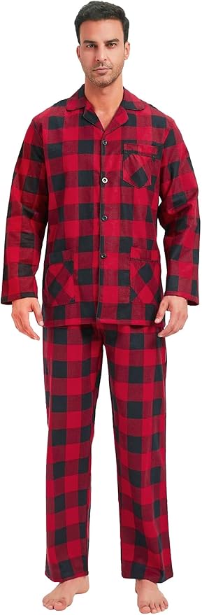 GLOBAL Men's Pajamas Sets 100% Cotton Flannel Sleepwear Long-Sleeve top & Bottom