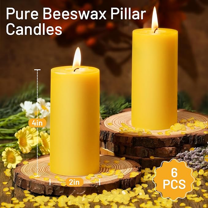 6 Pack Natural Beeswax Pillar Candles, 210 Hours Long Burning, 100% Pure Bees Wax Candles, Organic Emergency Beeswax Candles Bulk for Home Room Prayer Parties Relax, Smokeless & Dripless 2x4in