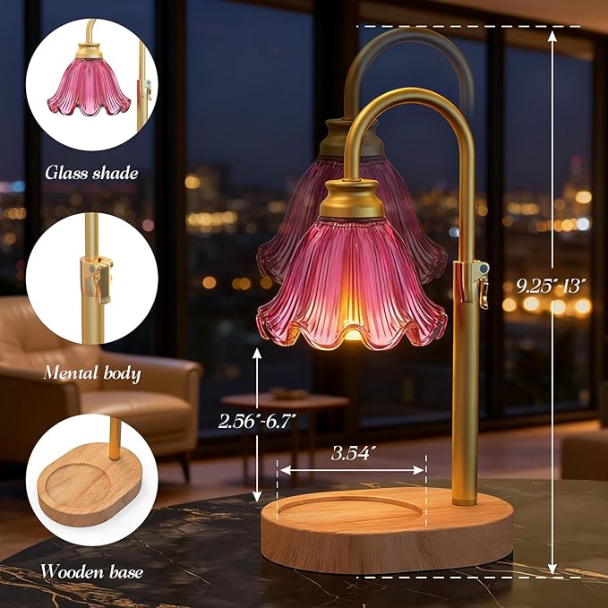Candle Warmer Lamp with Adjustable Height - Flameless 4-Level Dimmable Wax Warmer with Colorful Glass Shade & Wooden Base, Timer Function & Stylish Design in Multiple Colors (Purple)