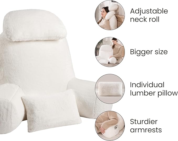 NOONTIDE Reading Pillow for Sitting up in Bed and Couch,32" X-Large Back Pillow for Adult & Teens with Soft Adjustable Neck Roll Backrest Pillow,Washable Cover,Watching TV/Gaming/Relaxing(FurryWhite)