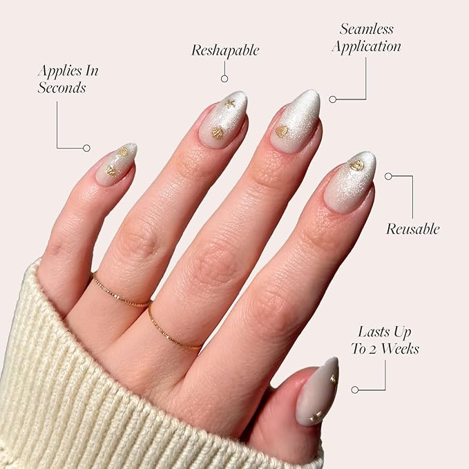 Glamnetic Press On Nails - Sanded | Short Almond Nude Fake Nails with Raised Gold Shell Accents, Salon Quality Summer Nails | 15 Sizes - 30 Nail Kit with Glue