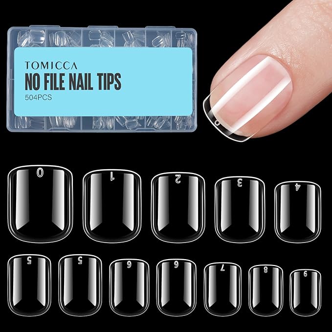 TOMICCA 504Pcs Acrylic Fake Nail Tips, Extra Short Square Press on Nails, 10 Sizes Full Cover Clear Natural Gel Nail Tips for Women and Girls DIY Nail Salon