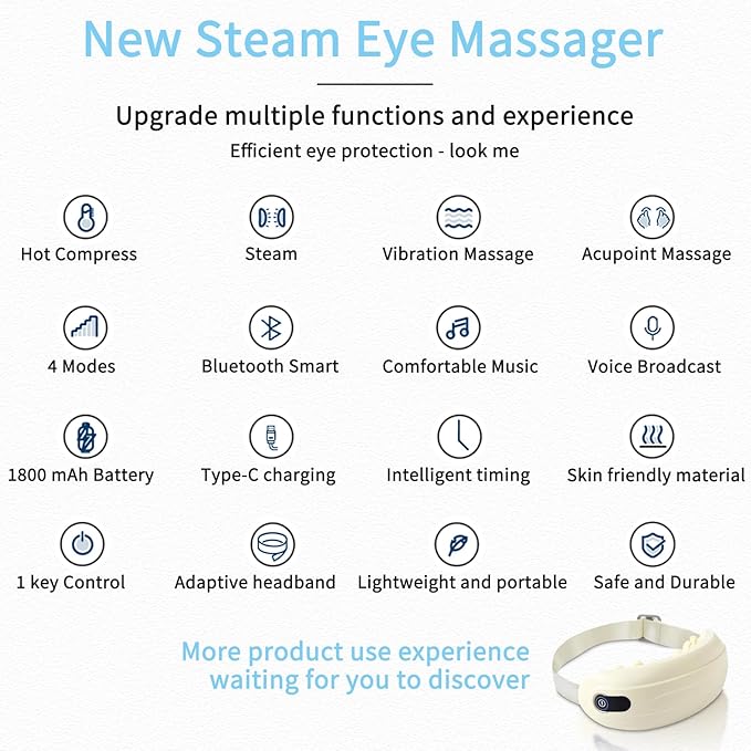 Steam Eye Massager with Heat, 4 Modes of Vibration Massage - Bluetooth Music Electric Massager Lightweight & Portable, Relieves Fatigue, Type-C Fast Charging, Gifts
