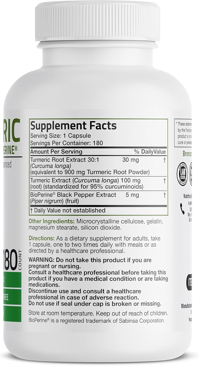 Bronson Turmeric Curcumin with BioPerine - High Potency Premium Joint Support with 95% Standardized Curcuminoids - Non-GMO Capsules with Black Pepper - 180 Count
