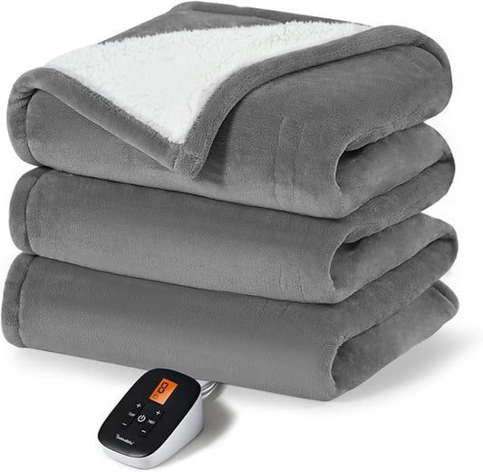 Sunable Heated Electric Blanket - Machine Washable Blanket with Time Settings 10 Heat Settings Twin Size 62×84 inches Grey - Velvet & Sherpa