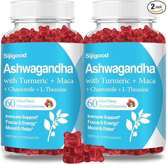 2 Pack Ashwagandha Gummies with L-theanine, Ashwa Root Supplement Gummy for Women Men, 120 Mixed Berry Flavored Gummies
