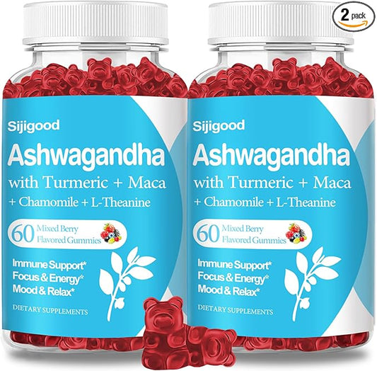 2 Pack Ashwagandha Gummies with L-theanine, Ashwa Root Supplement Gummy for Women Men, 120 Mixed Berry Flavored Gummies
