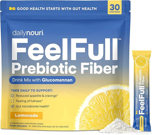 Daily Nouri FeelFull Prebiotic Fiber Drink Mix | Supports Natural Fullness, Appetite & Cravings Control, Gut & Metabolic Health | Oligofructose, Glucomannan & Chromium | 30 Stick Packs