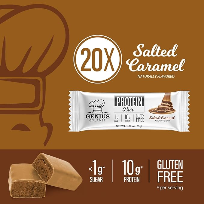 Genius Gourmet Protein Bar, Salted Caramel Keto Snack, Low Carb, Low Sugar & Gluten Free, Protein Snacks for Adults, 10G of Whey Protein per Protein Bar, 5 Net Carbs, 20 Count