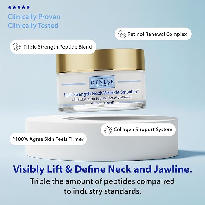 Dr. Denese Triple Strength Neck Wrinkle Smoother 4 oz – Firming Cream with Triple Amount of Peptides Compared to Industry Standards – Retinol & Hyaluronic Acid for Hydrating Power - Paraben Free