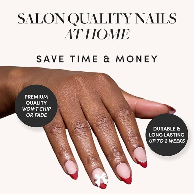 Glamnetic Press On Nails - Ruby Ribbons | Short Almond Fake Nails with Red French Tips & 3D Bows in a Glossy Finish, Salon Quality Holiday Nails | 15 Sizes - 30 Nail Kit with Glue