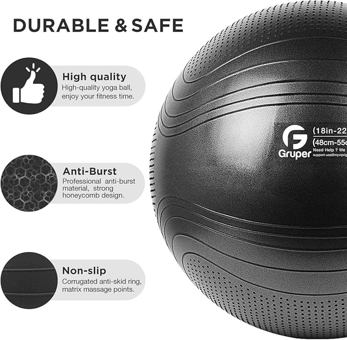 Gruper Yoga Ball, 18-30 Inch Extra Thick Exercise Ball for Workout Fitness Balance, Anti Burst Chair for Home and Office Desk, Includes Hand Pump & Workout Guide Access