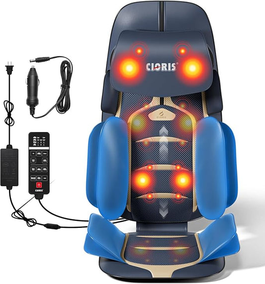 CLORIS Neck Back Massager with Heat, Automatic Adjustable Neckrest, 3D Shiatsu Compress & Rolling Massage Chair Pad for Full Body Relaxation, Home Office Chair Use, Gift for Family & Friends Blue&Gold