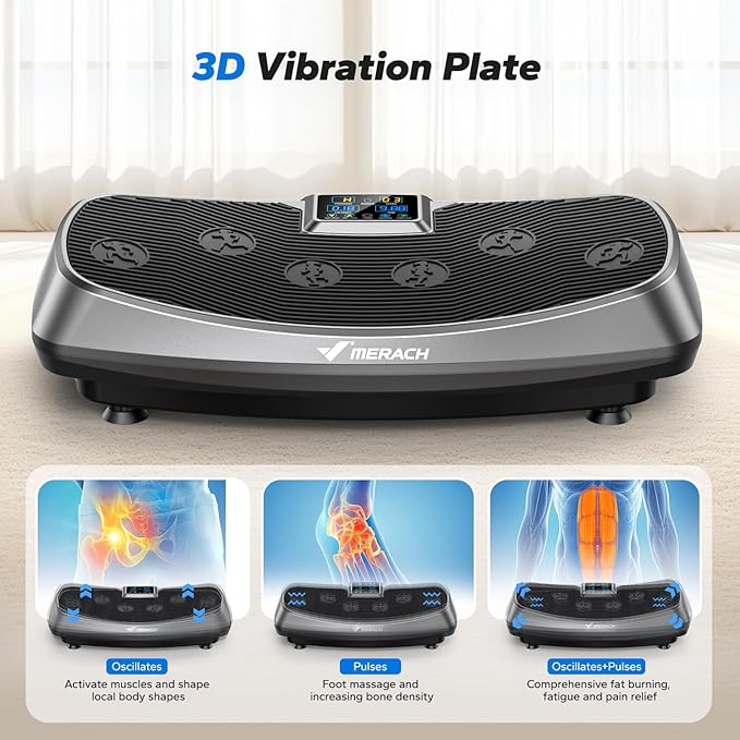 MERACH Vibration Plate Exercise Machine, 3D & 4D Vibration Plate for Lymphatic Drainage Weight Loss with 2 Tension Ropes, Whole Body Vibration Platform for Women Men, Exercise Equipment for Home
