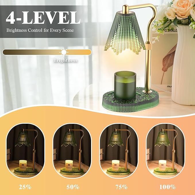 Candle Warmer Lamp with Adjustable Height - Flameless 4-Level Dimmable Wax Warmer, Timer Function & Stylish Design in Multiple Colors（Green）