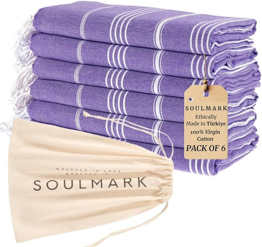 SOULMARK 100% Cotton Turkish Beach Towel with Bag - 38"x71" - 6 Pack - Made in Green & Oeko TEX Certified - Pre-Washed and Sand Free - Quick Dry and Lightweight for Travel - Made in Turkey - Purple