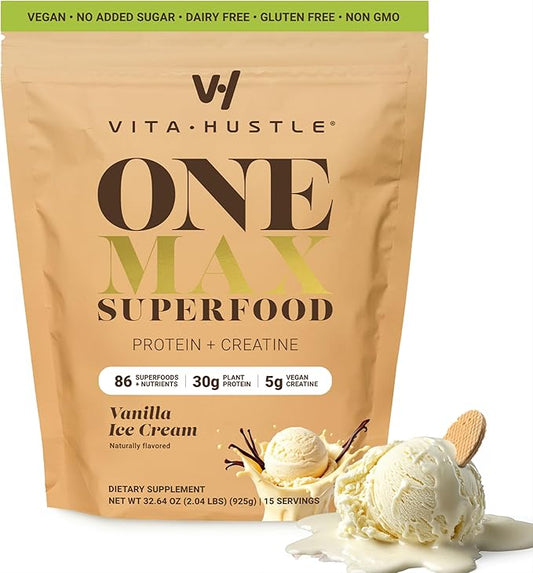 VitaHustle ONE Max Protein + 5g Creatine, 30g Plant Protein Powder, All-in-One Meal Replacement Shake with Greens, Adaptogens, Ashwagandha, Probiotics & Vitamins – Vanilla Ice Cream, 15 Servings